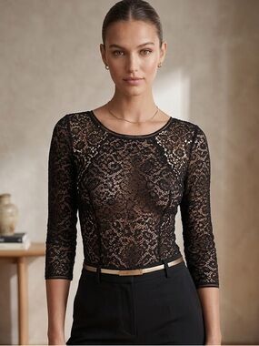 Victoria's Secret Sheer Black Lace Bodysuit Medium  "3/4 Sleeve Scoop Neck Top
